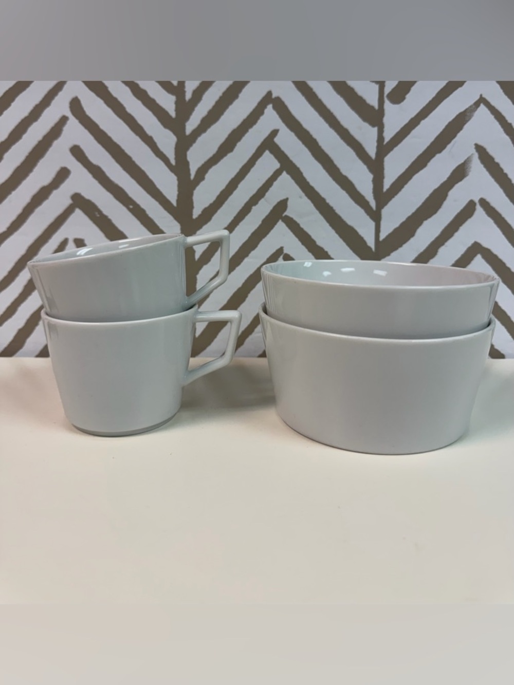 Pottery Barn PB Modern White Cups and Bowl Set Japan